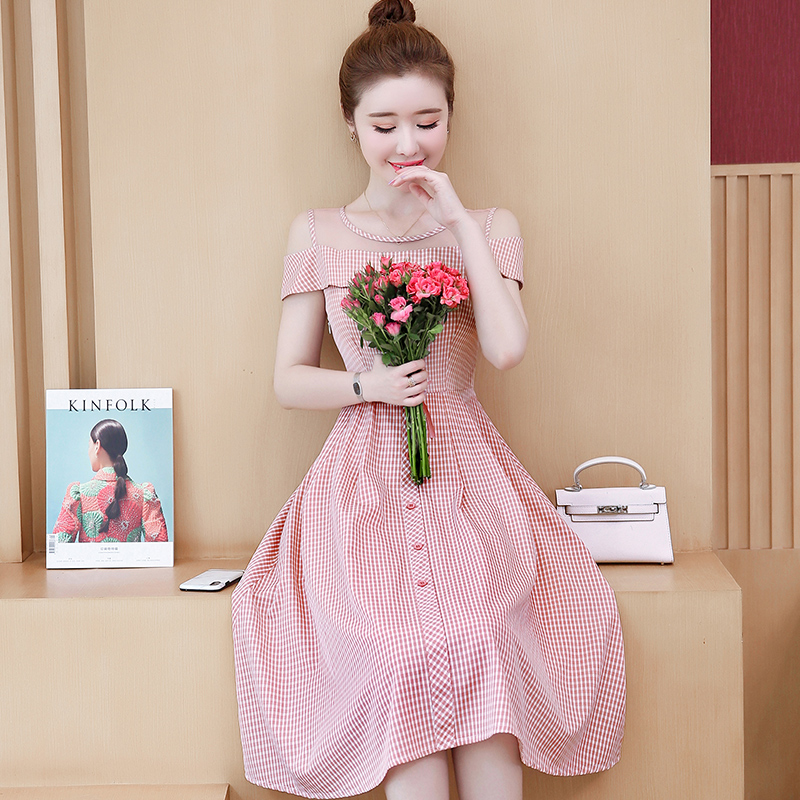 Western style short-sleeved belly stitching plaid dress