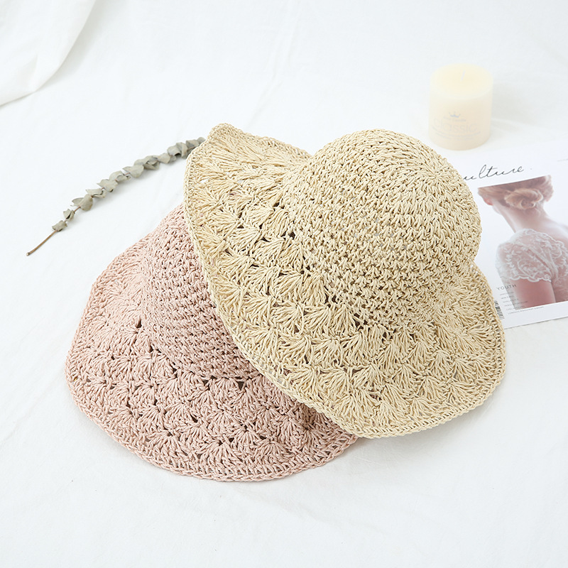 Foldable Solid Color Hand Crocheted Straw Hat Children's Autumn And Winter Sun Protection Beach Holiday Fisherman's Hat Cover