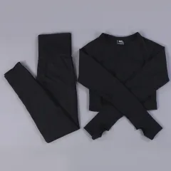 High Waist Seamless Push-up Sports Women Fitness Running Yoga Pants - Black 2Piece Set - View 1