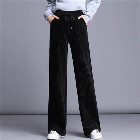 Fashion Straight Solid Pants Casual High Waist Plus Office Lady Elastic Waist Corduroy