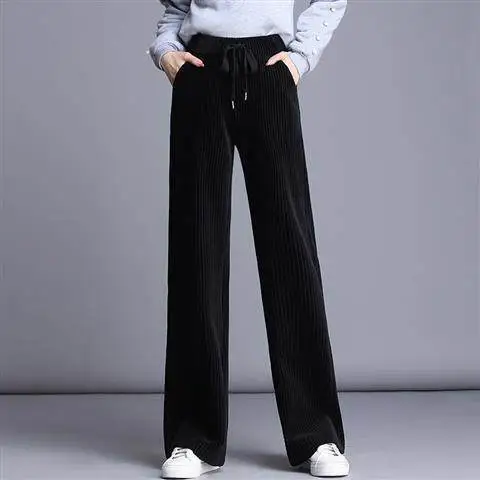 Fashion Straight Solid Pants Casual High Waist Plus Office Lady Elastic Waist Corduroy Black - Shop at LoveMi