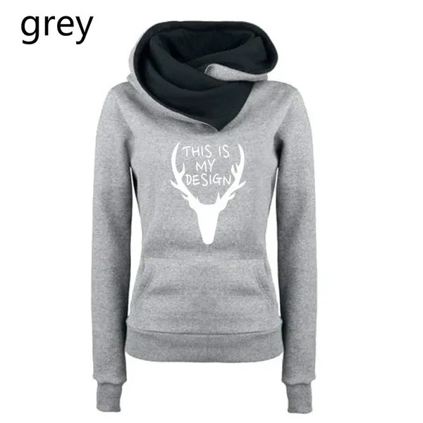 Deer Head Print Stitching Long-Sleeved Pile Neck Pullover Sweater - Grey