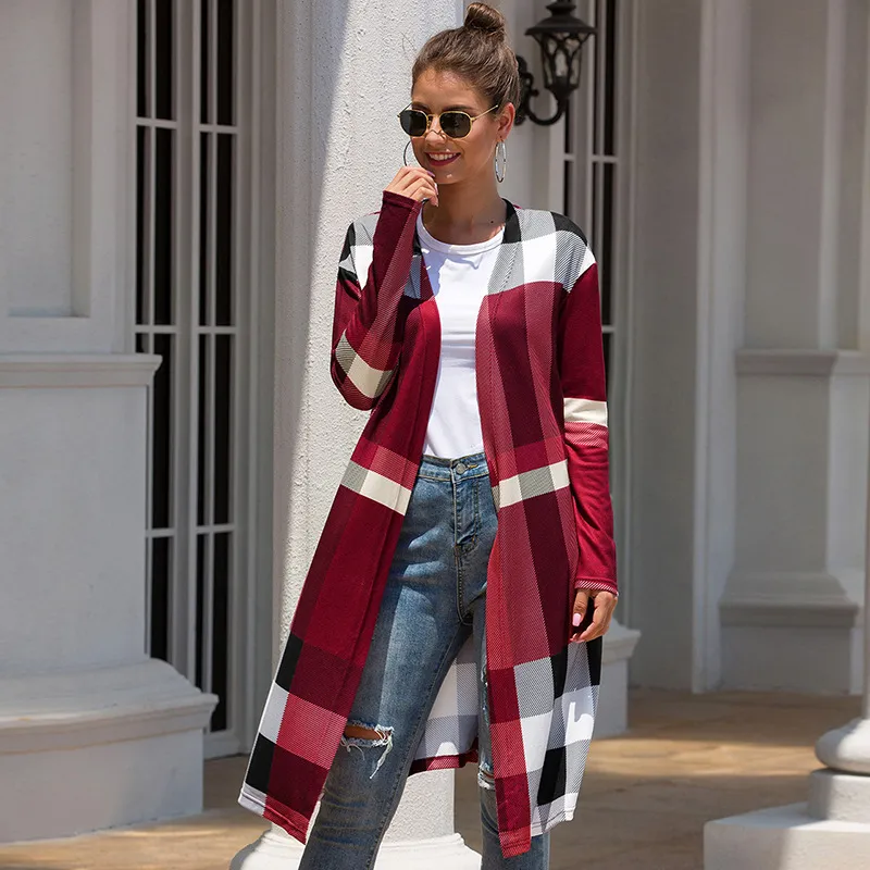Straight pocket cardigan long coat - Wine Red