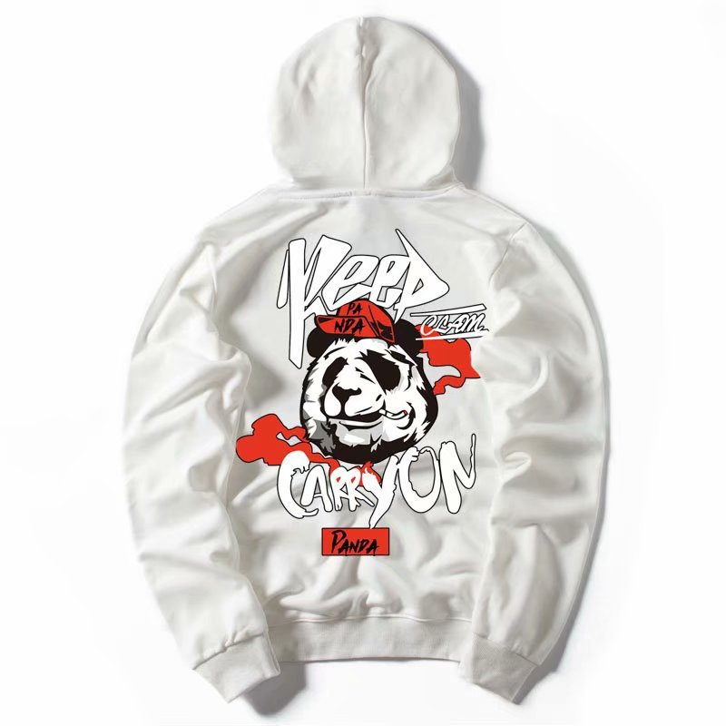 Hooded Sweater Men With Plush Hip-Hop Print in White