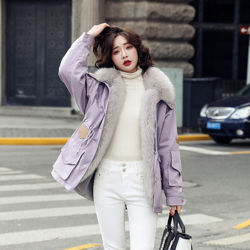 Large Fur Collar Plus Velvet Thick Cotton Jacket Mid-length