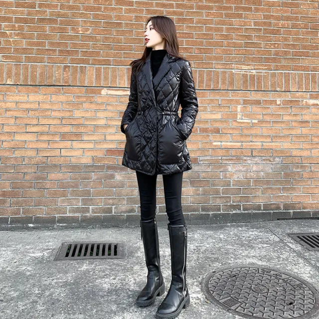 Winter slim waist mid length imitation down jacket women shiny black suit collar cotton jacket Black - Shop at LoveMi