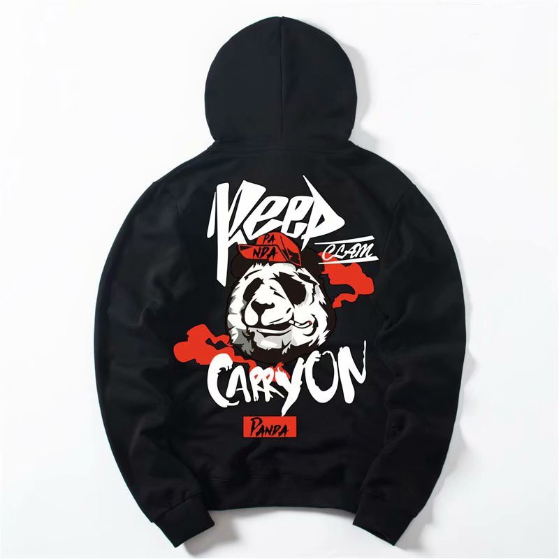 Hooded Sweater Men With Plush Hip-Hop Print in Black