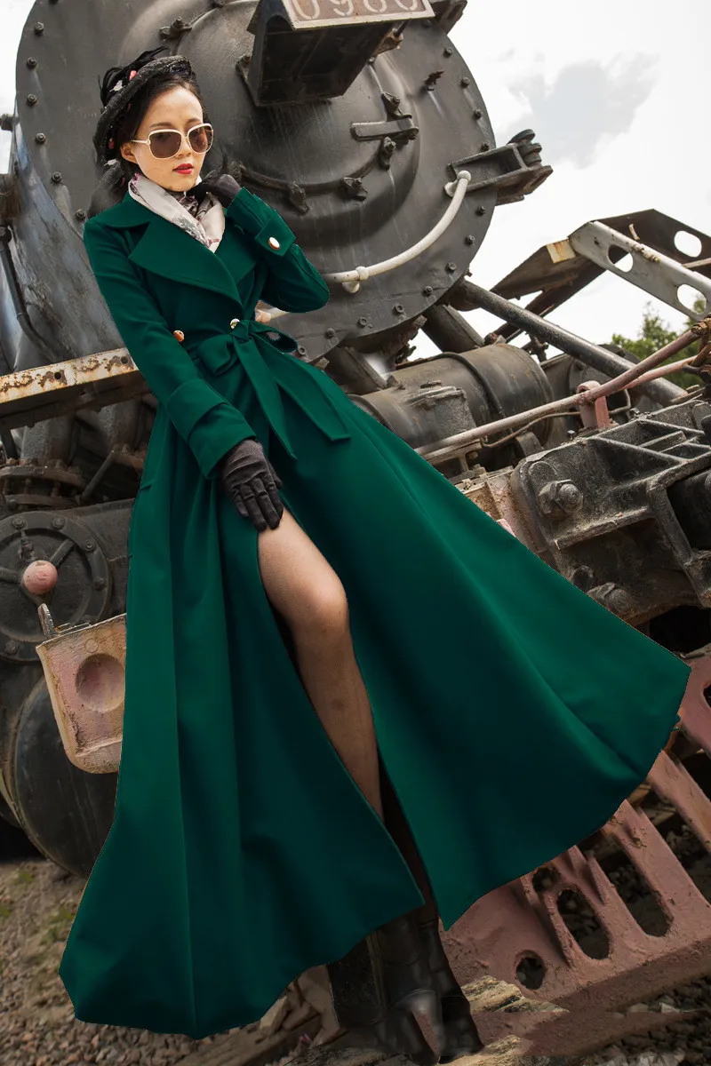 Slim slimming caramel color plus size long trench coat - Green