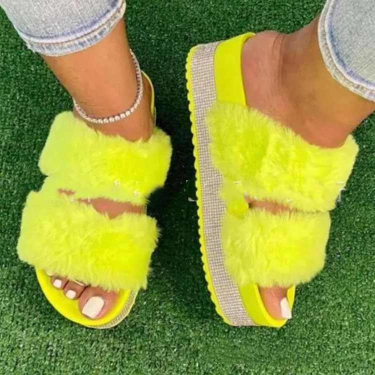 Women Bling Fluffy Slippers Fur Slides Platform Wedges Heel Solid - Yellow