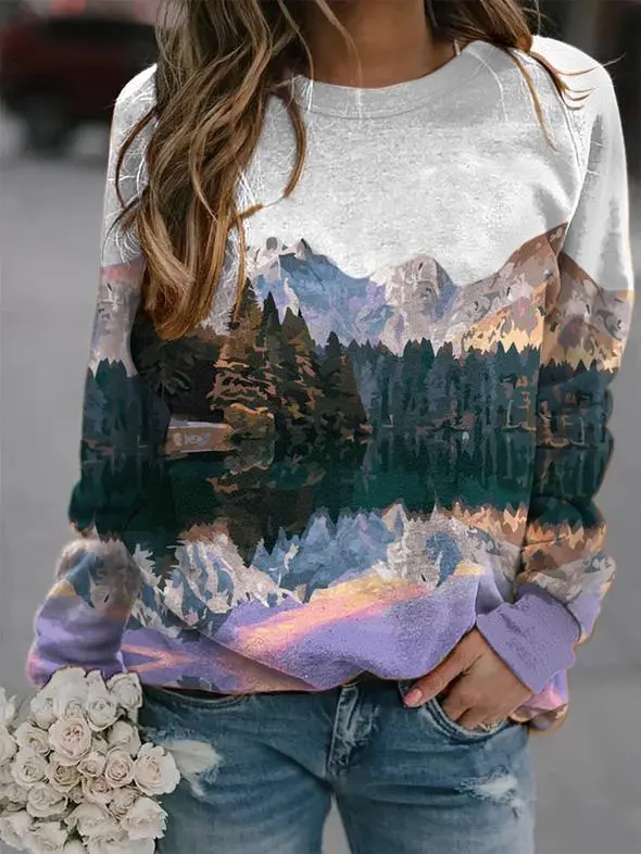 Popular women's landscape print long sleeved T shirt top White - Shop at LoveMi