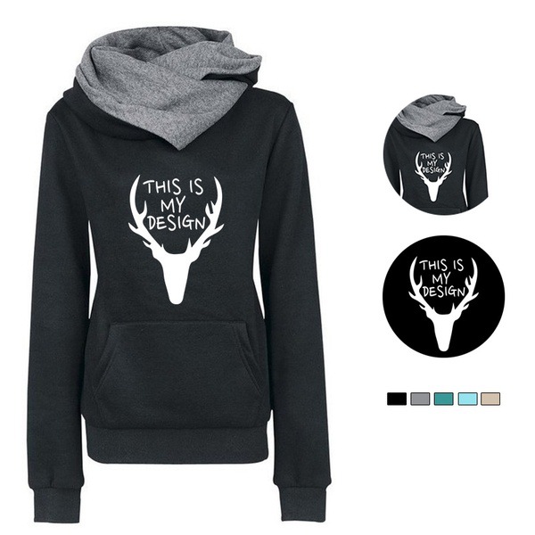 Deer Head Print Stitching Long-Sleeved Pile Neck Pullover Sweater