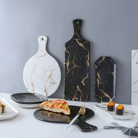 Light Luxury Style Marble and Gold Irregular Ceramic Tray