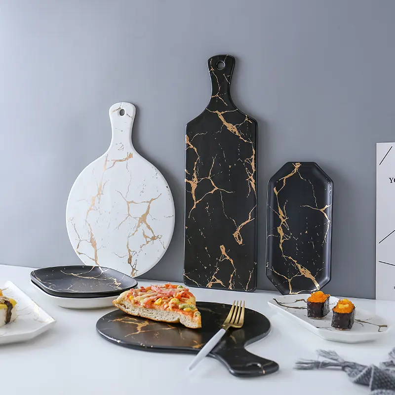Light Luxury Style Marble and Gold Irregular Ceramic Tray