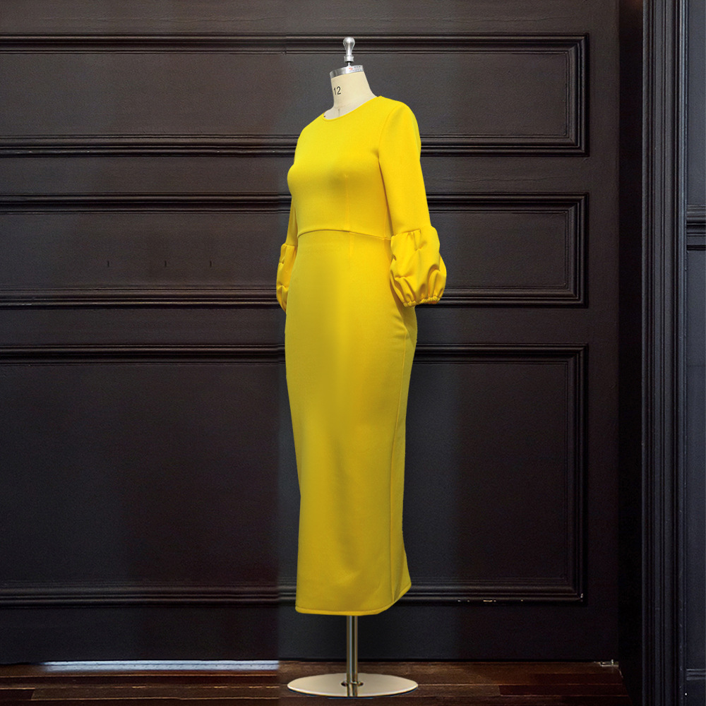 3/4 sleeve high waist bag hip yellow casual pencil skirt