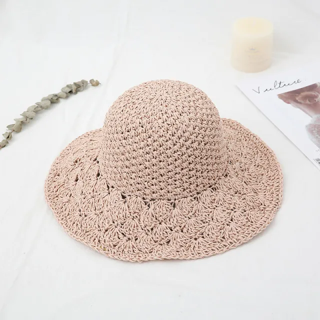 Foldable Solid Color Hand Crocheted Straw Hat Children's Autumn And Winter Sun Protection Beach Holiday Fisherman's Hat Cover Pink - Shop at LoveMi