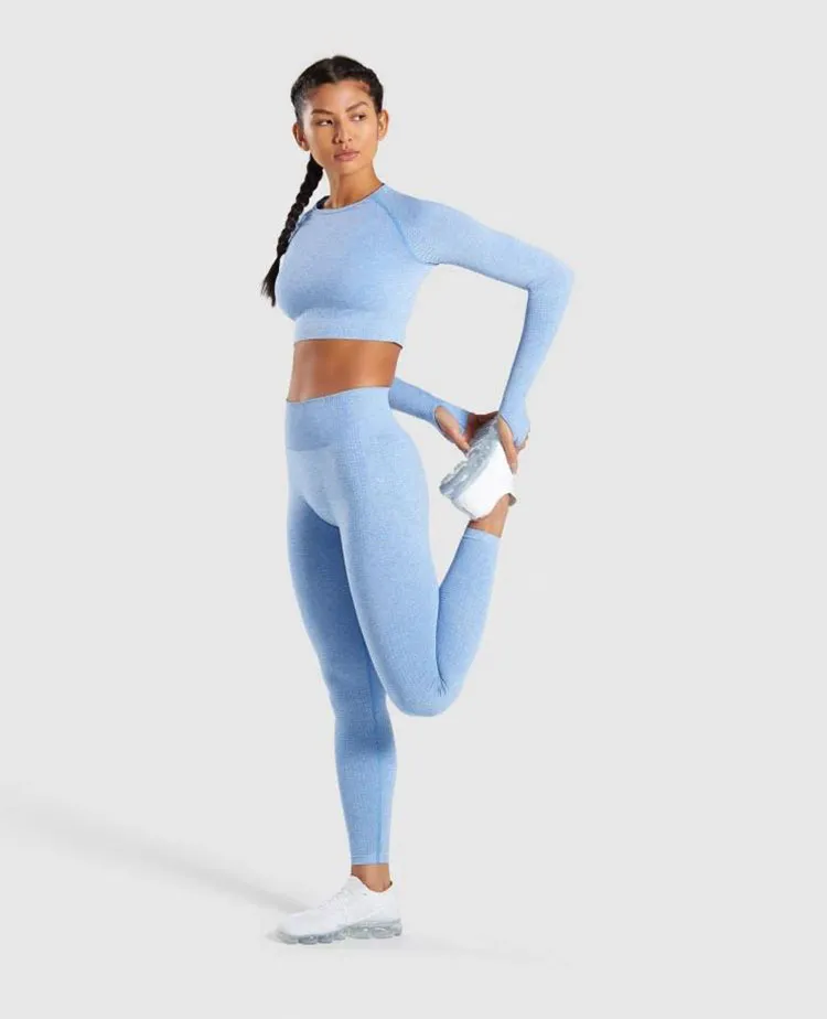 High Waist Seamless Push-up Sports Women Fitness Running Yoga Pants - Light Blue2Piece Set