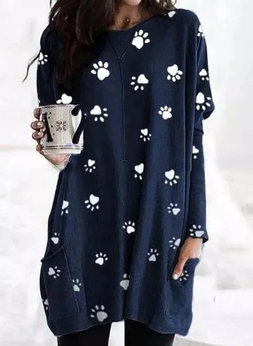 Paw print print long sleeve pocket T shirt top women Dark Blue - Shop at LoveMi