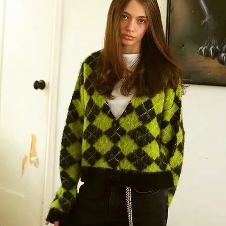 Vintage Avocado Green Diamond Knit Cardigan