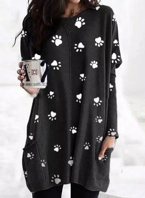 Paw print print long sleeve pocket T-shirt top women