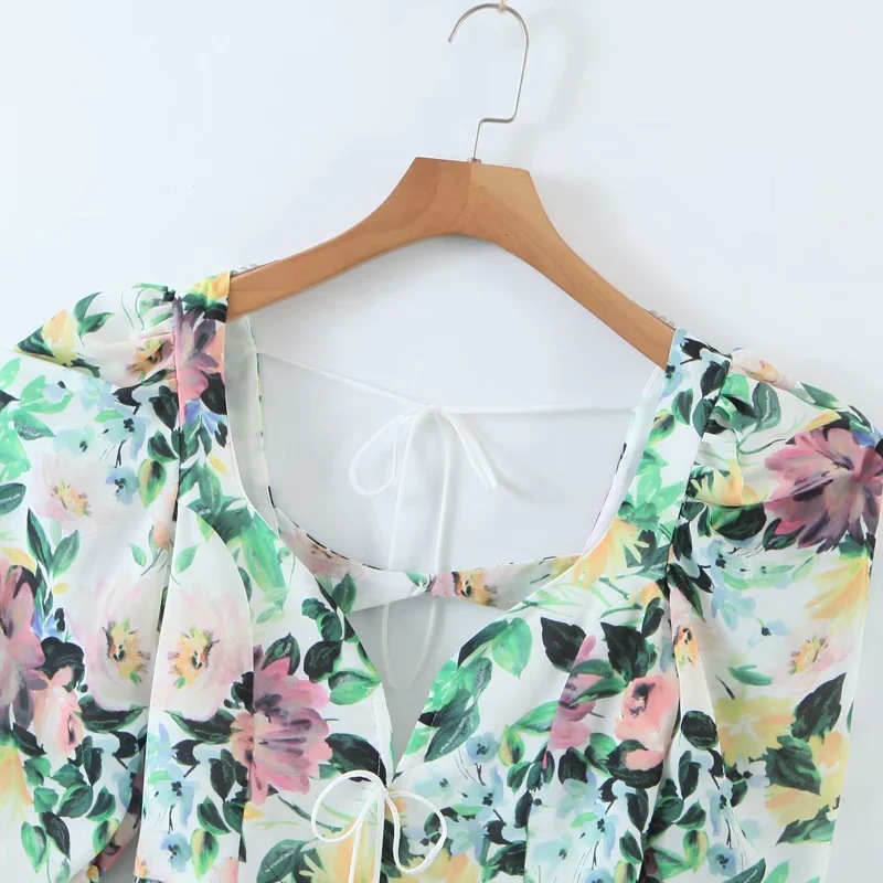 Puff sleeve printed short chiffon shirt