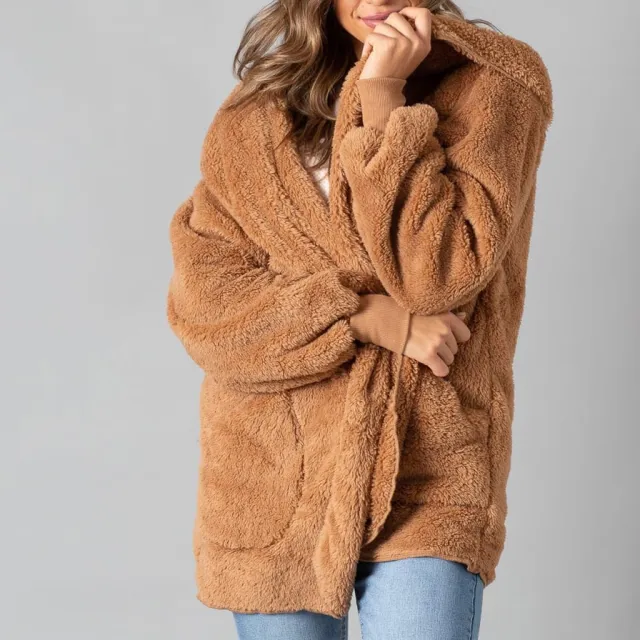 Women's hooded plush coat Brown - Shop at LoveMi
