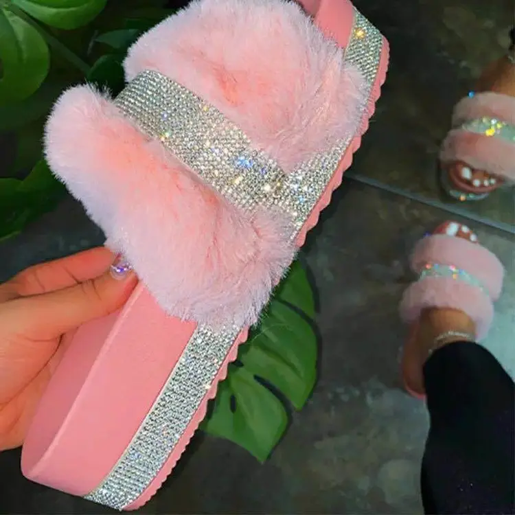 Women Bling Fluffy Slippers Fur Slides Platform Wedges Heel
