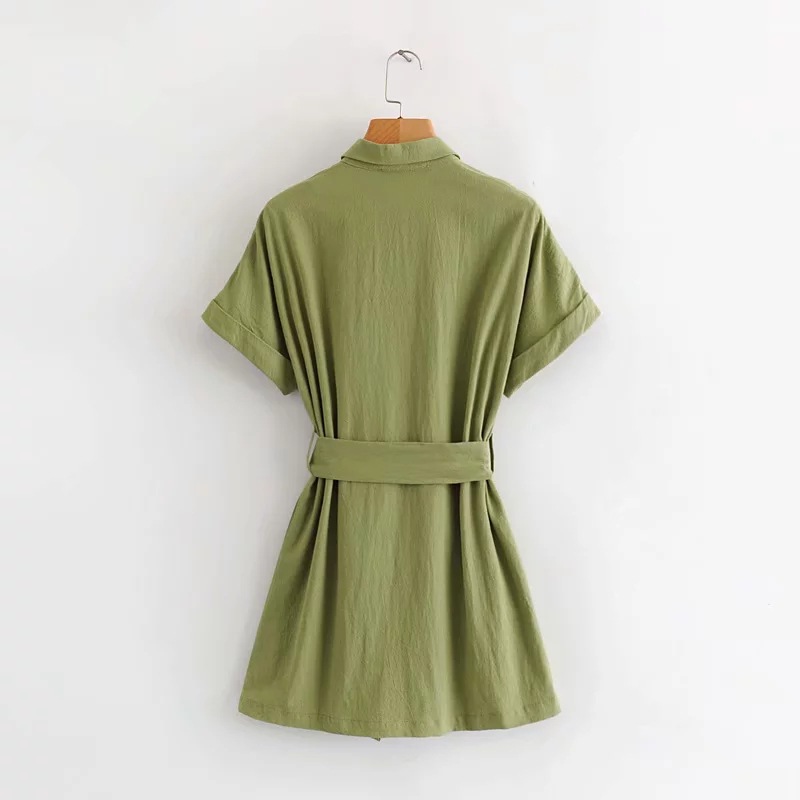 Collar-breasted belt dress fruit green