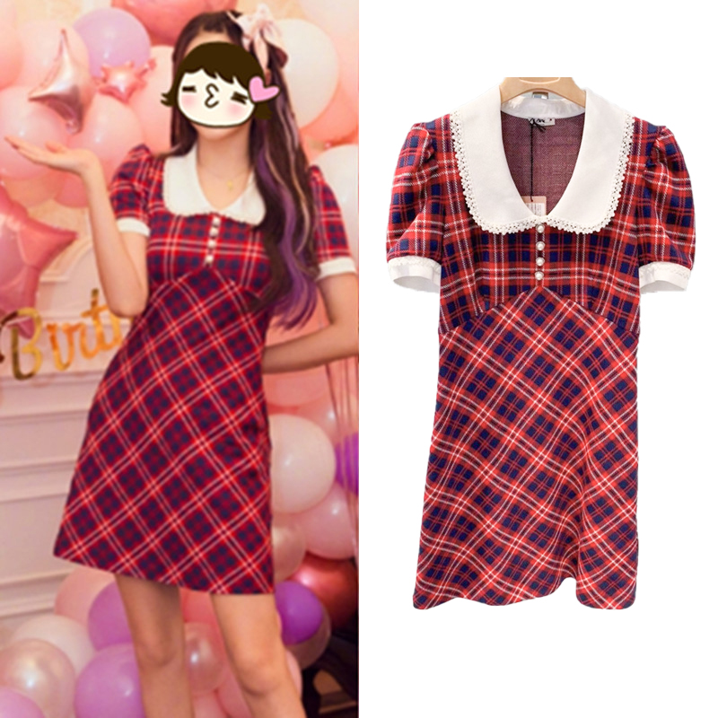 Temperament Bubble Sleeve Plaid Dress Red Doll