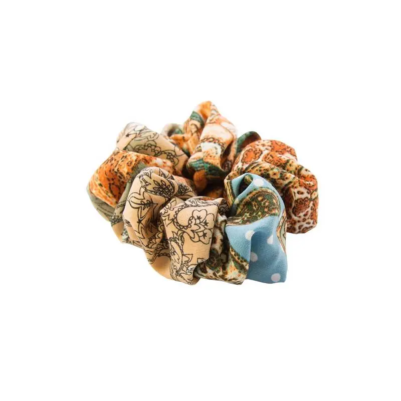 Retro cashew flower silk scarf printing blue hair ring - Brown