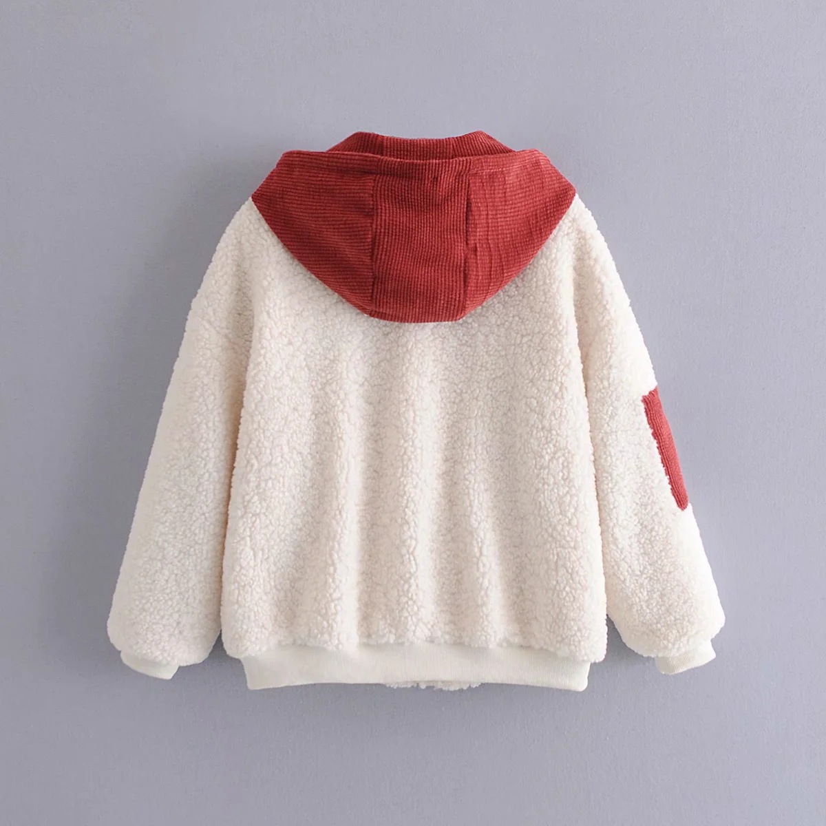 Lamb wool hooded color-blocking thick warm cotton coat