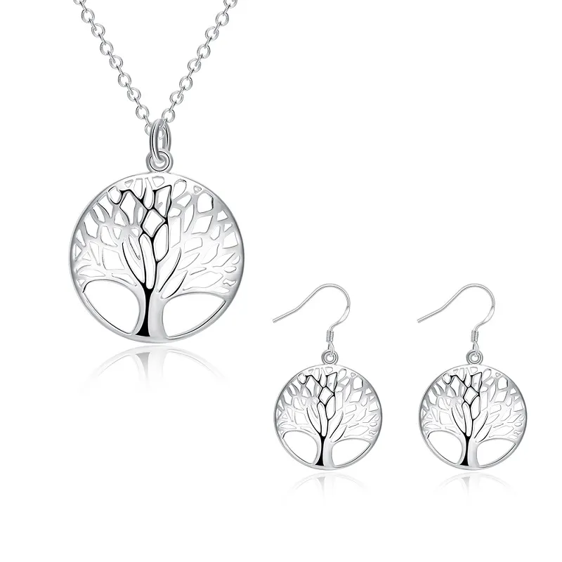 Round Hollow Relief Life Tree Pendant s625 Silver - Necklace Earrings