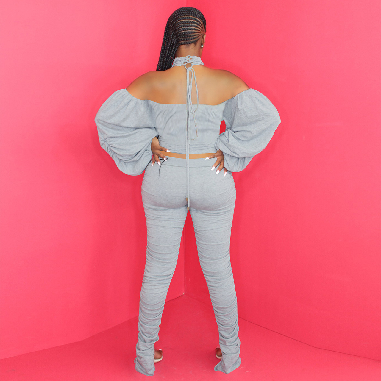 Puffed Slit Pants Puff Sleeves  Back Strapless