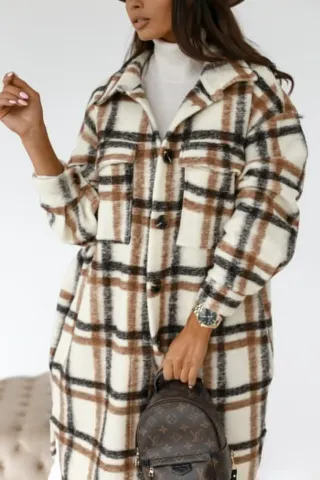 Button Lapel Casual Warm Plaid Long Woolen Coat - Brown