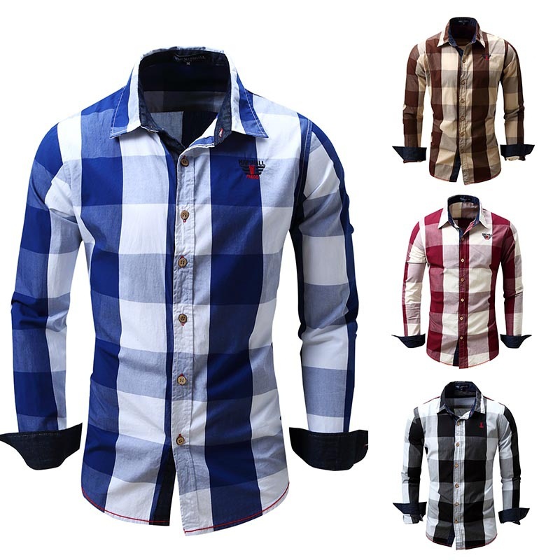 Men's Casual Long-Sleeved Shirt Slim-Fit Plaid Color Block Shirt Top