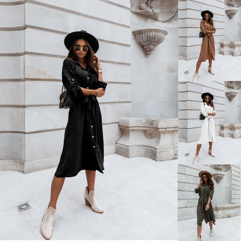 Round sleeve V-neck Button Waist lace up dress