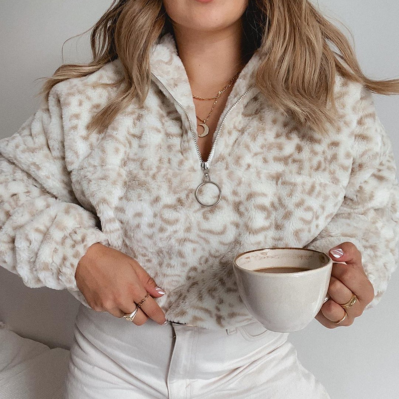 Leopard fur zipper long sleeve sweater