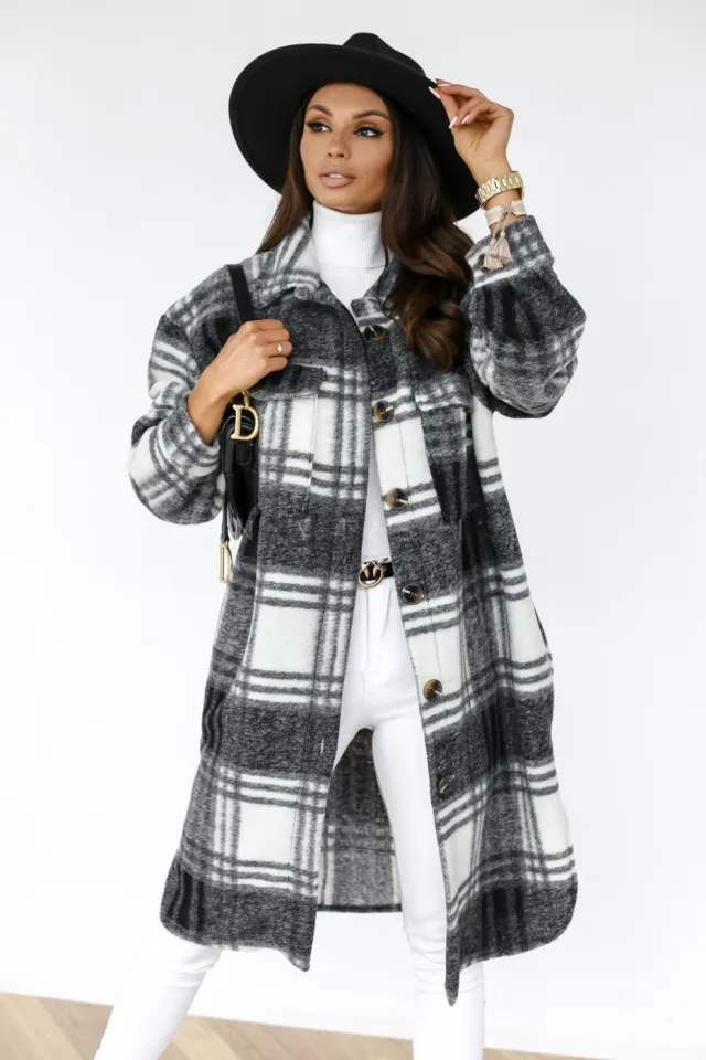 Button Lapel Casual Warm Plaid Long Woolen Coat Black - Shop at LoveMi