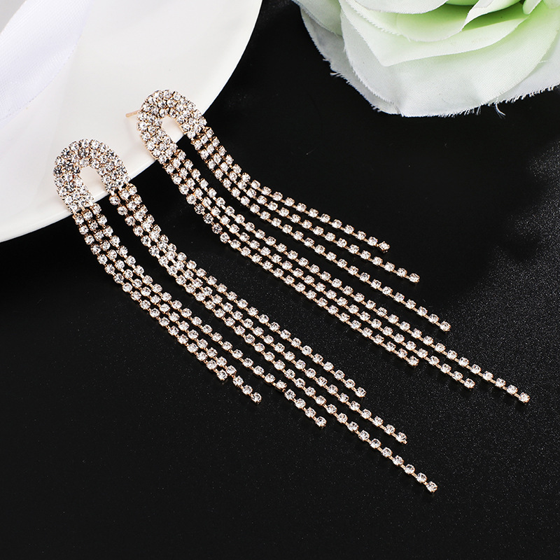 Fashion Rhinestone Long Tassel Multi Row Earrings Simple Atmosphere Temperament Exaggerated Earrings Earrings