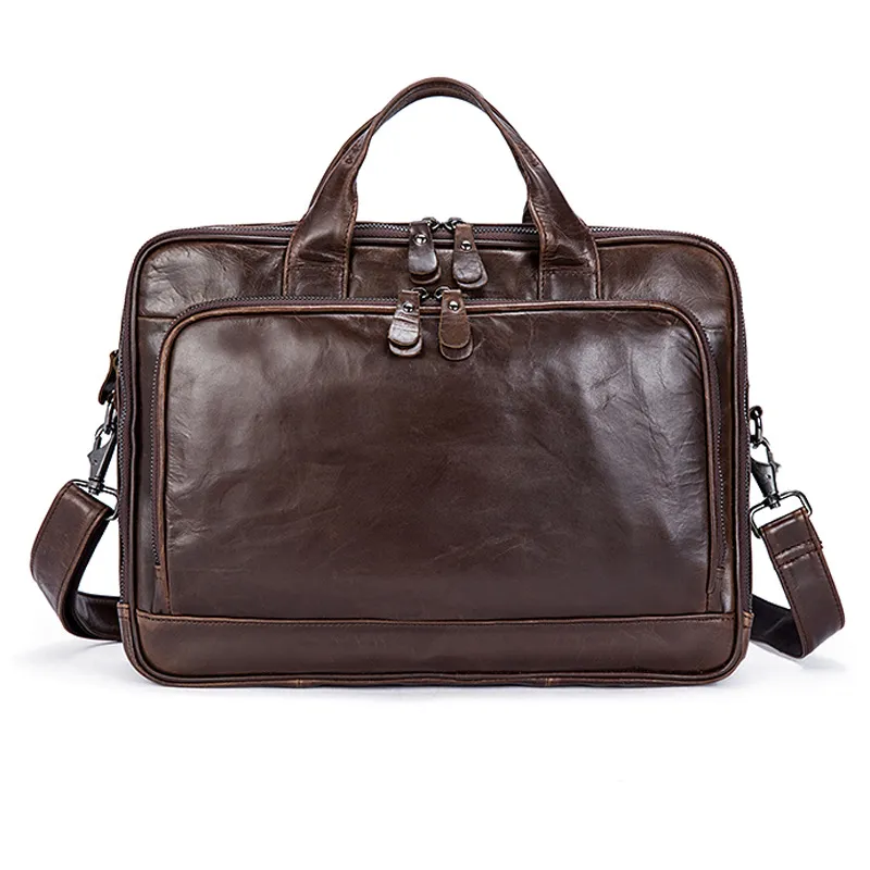 Leather Business Briefcase Oil Wax Men's Handbag - Coffee