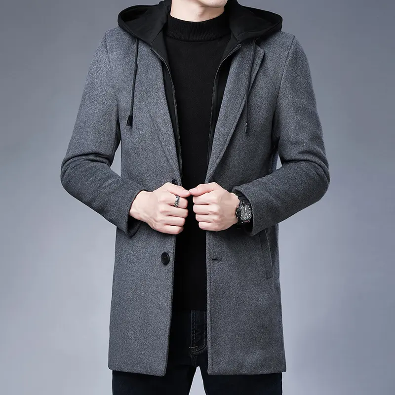 Mens Detachable Hooded Woolen Winter Coat Jacket Mid-Length Single