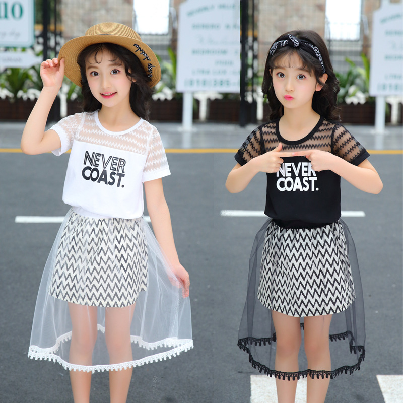 Girls' casual letters short-sleeved mesh dress