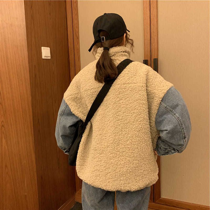 Denim-paneled lambskin coat