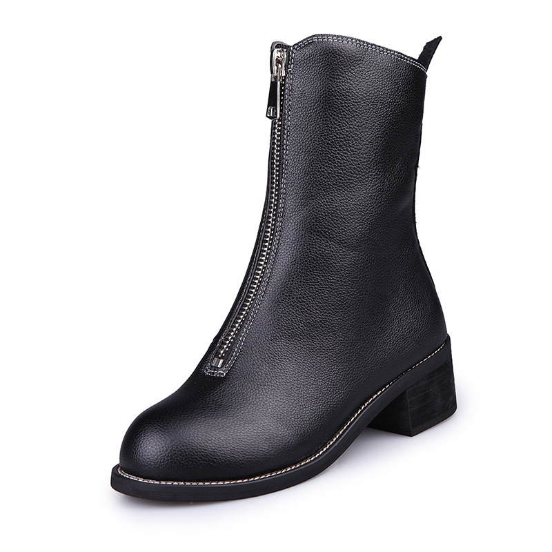 Flat Mid-Tube Soft Leather Front Zipper Single Boot