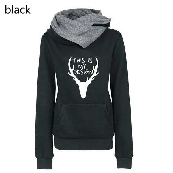 Deer Head Print Stitching Long Sleeved Pile Neck Pullover Sweater Black - Shop at LoveMi