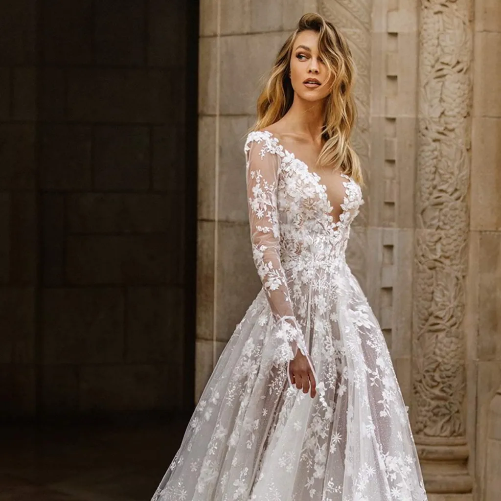 Wedding Dress Sexy Lace Long Sleeve Dress Evening Dress - White