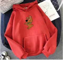 Women's Winter Plush Dog Print Hooded Sweater - Red - View 1