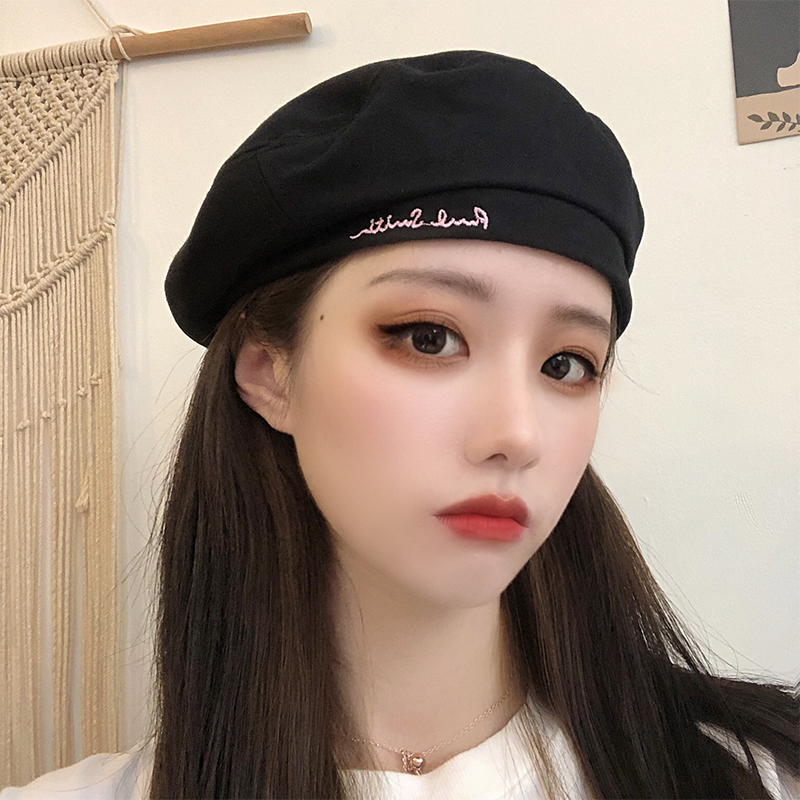 Japanese Black Letter Embroidery Beret Female Autumn and Winter British Retro