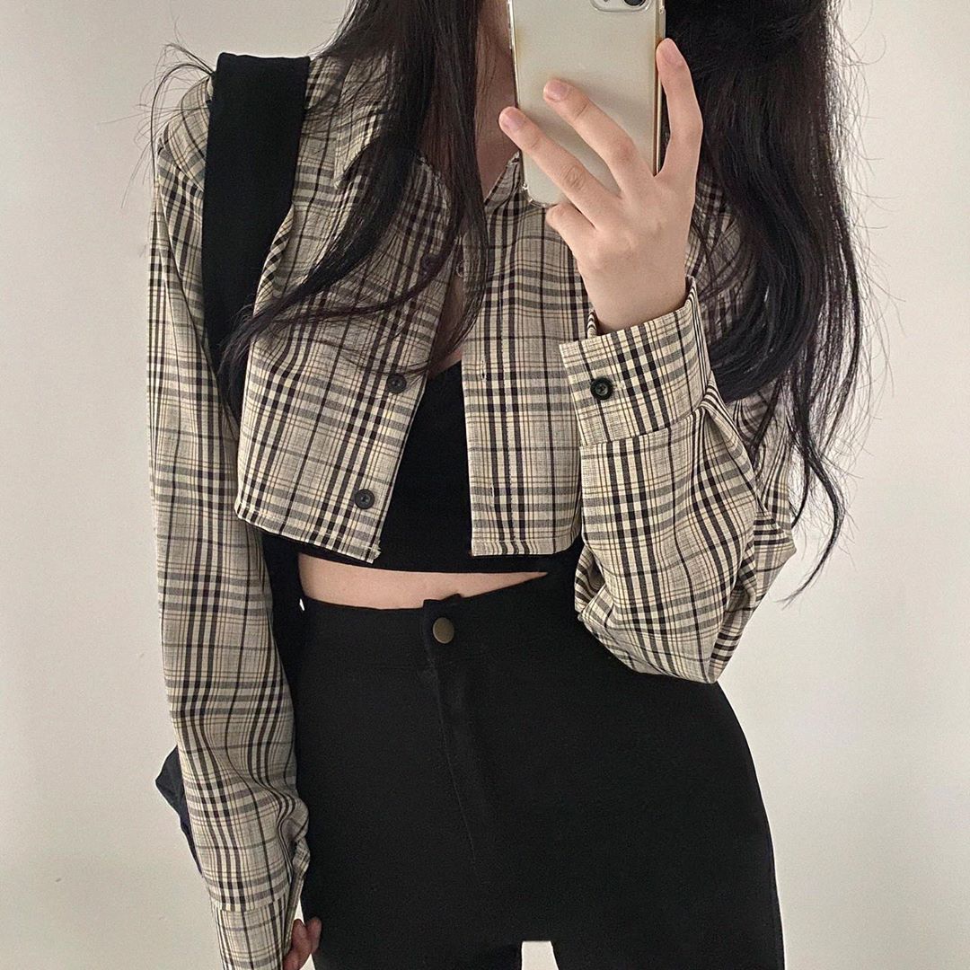 Retro Simple All-match Short Plaid Shirt And Slim Drawstring Dress