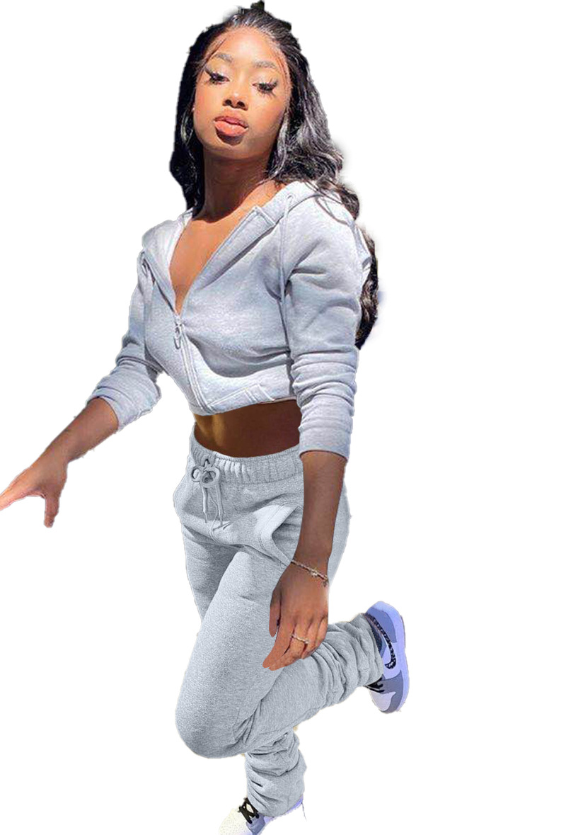 Zipper solid color hoodie sweatshirt sports suit