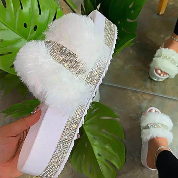 Women Bling Fluffy Slippers Fur Slides Platform Wedges Heel Solid White - Shop at LoveMi